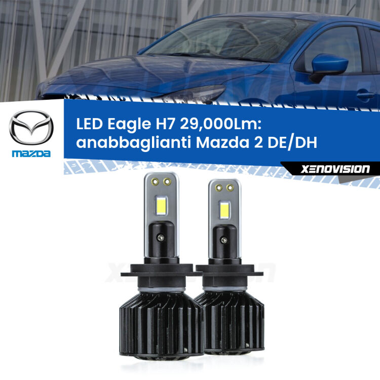 <strong>Kit anabbaglianti LED specifico per Mazda 2</strong> DE/DH a parabola doppia. Lampade <strong>H7</strong> Canbus da 29.000Lumen di luminosità modello Eagle Xenovision.