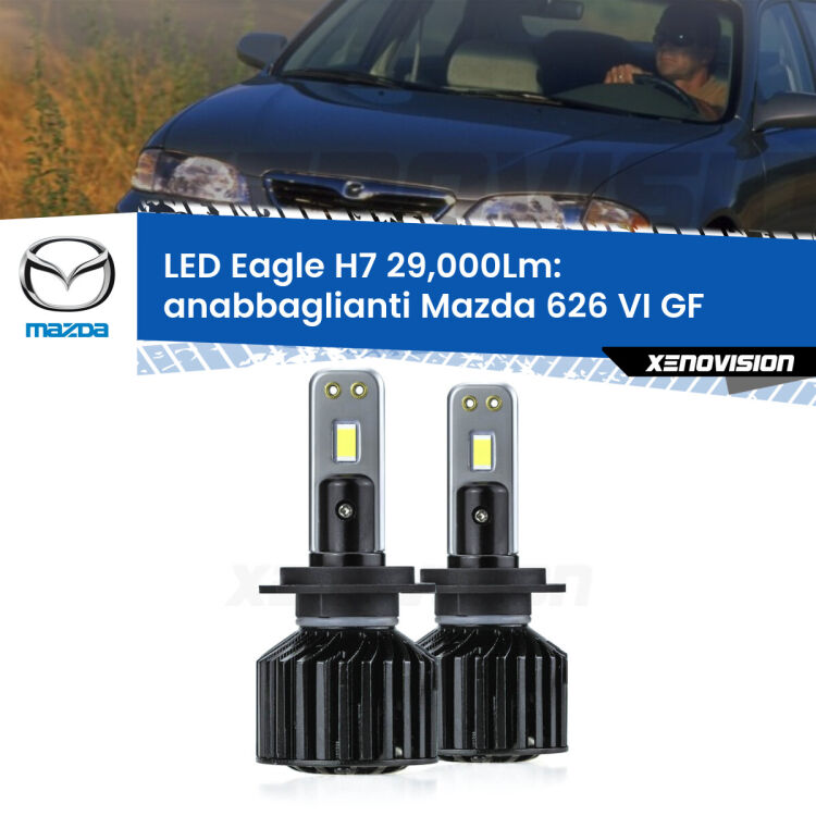 <strong>Kit anabbaglianti LED specifico per Mazda 626 VI</strong> GF 1997 - 2002. Lampade <strong>H7</strong> Canbus da 29.000Lumen di luminosità modello Eagle Xenovision.