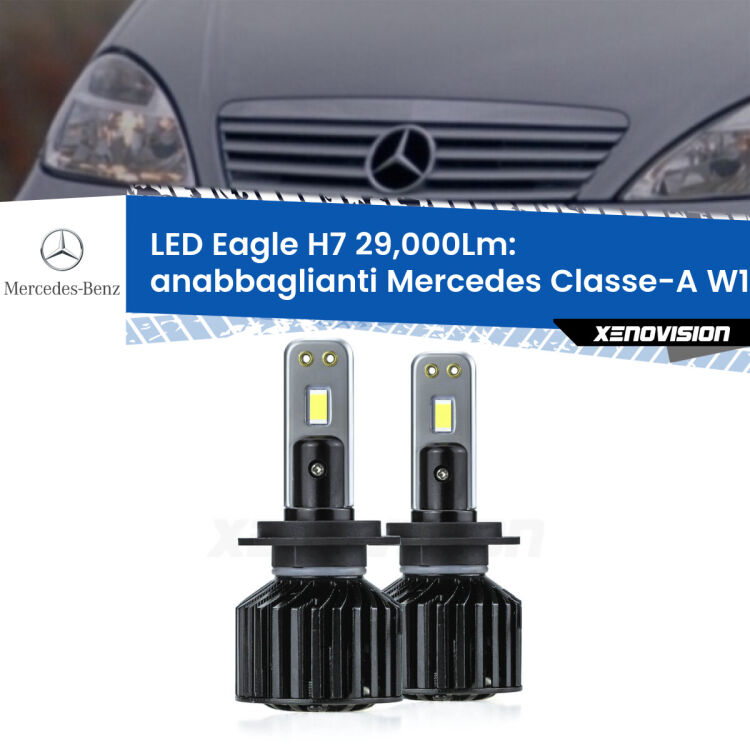 <strong>Kit anabbaglianti LED specifico per Mercedes Classe-A</strong> W168 1997 - 2004. Lampade <strong>H7</strong> Canbus da 29.000Lumen di luminosità modello Eagle Xenovision.