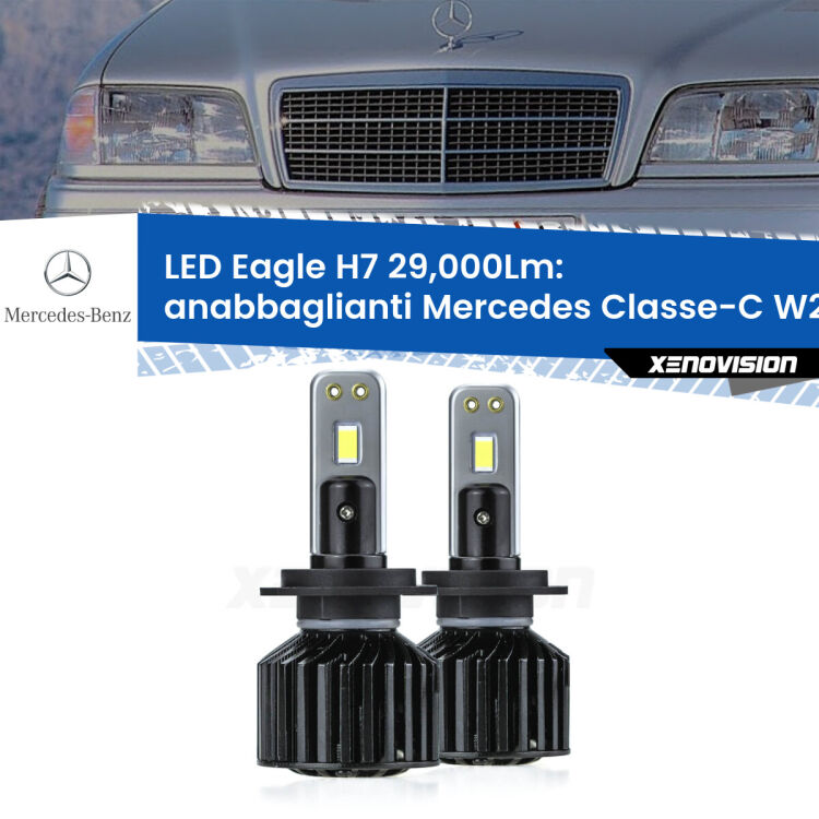 <strong>Kit anabbaglianti LED specifico per Mercedes Classe-C</strong> W202 1996 - 2000. Lampade <strong>H7</strong> Canbus da 29.000Lumen di luminosità modello Eagle Xenovision.