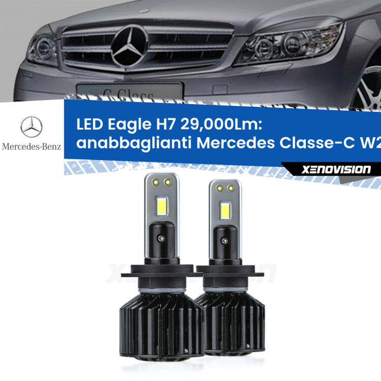 <strong>Kit anabbaglianti LED specifico per Mercedes Classe-C</strong> W204 Prima serie. Lampade <strong>H7</strong> Canbus da 29.000Lumen di luminosità modello Eagle Xenovision.