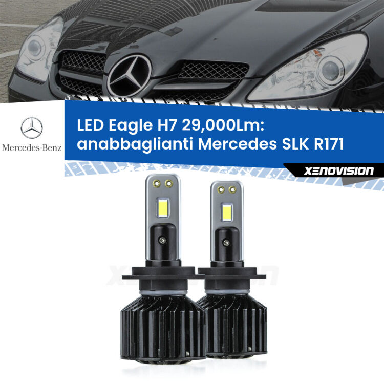 Anabbaglianti LED H7 29,000Lm per Mercedes SLK R171 2004 - 2011 <strong>Kit anabbaglianti LED specifico per Mercedes SLK</strong> R171 2004 - 2011. Lampade <strong>H7</strong> Canbus da 29.000Lumen di luminosità modello Eagle Xenovision.