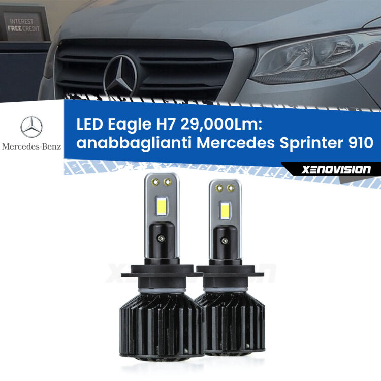 Anabbaglianti LED H7 29,000Lm per Mercedes Sprinter 910 2018 in poi <strong>Kit anabbaglianti LED specifico per Mercedes Sprinter</strong> 910 2018 in poi. Lampade <strong>H7</strong> Canbus da 29.000Lumen di luminosità modello Eagle Xenovision.