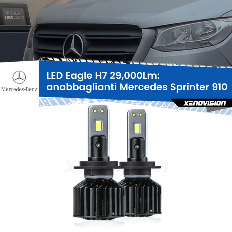 <strong>Kit anabbaglianti LED specifico per Mercedes Sprinter</strong> 910 2018 in poi. Lampade <strong>H7</strong> Canbus da 29.000Lumen di luminosità modello Eagle Xenovision.