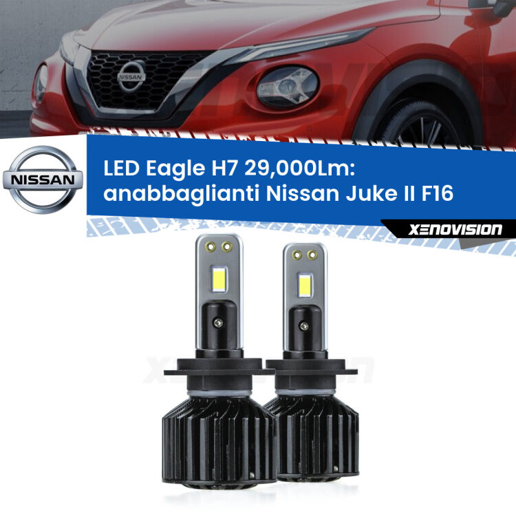 <strong>Kit anabbaglianti LED specifico per Nissan Juke II</strong> F16 2019 in poi. Lampade <strong>H7</strong> Canbus da 29.000Lumen di luminosità modello Eagle Xenovision.