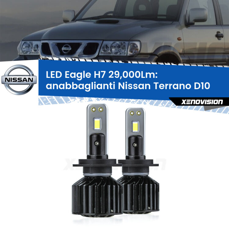 <strong>Kit anabbaglianti LED specifico per Nissan Terrano</strong> D10 2013 in poi. Lampade <strong>H7</strong> Canbus da 29.000Lumen di luminosità modello Eagle Xenovision.