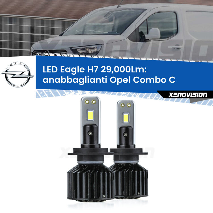 Anabbaglianti LED H7 29,000Lm per Opel Combo C  2001 - 2011 <strong>Kit anabbaglianti LED specifico per Opel Combo C</strong>  2001 - 2011. Lampade <strong>H7</strong> Canbus da 29.000Lumen di luminosità modello Eagle Xenovision.