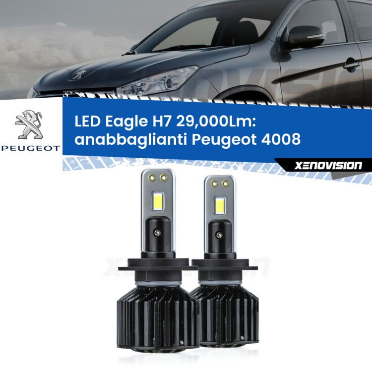 <strong>Kit anabbaglianti LED specifico per Peugeot 4008</strong>  2012 in poi. Lampade <strong>H7</strong> Canbus da 29.000Lumen di luminosità modello Eagle Xenovision.