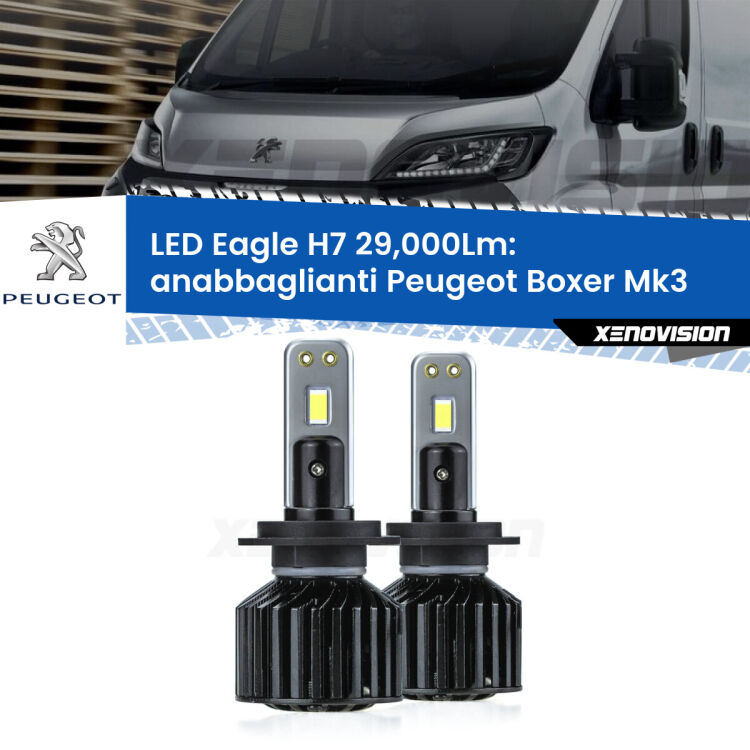 <strong>Kit anabbaglianti LED specifico per Peugeot Boxer</strong> Mk3 2006 in poi. Lampade <strong>H7</strong> Canbus da 29.000Lumen di luminosità modello Eagle Xenovision.