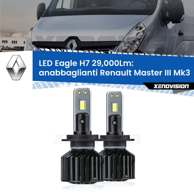 Anabbaglianti LED H7 29,000Lm per Renault Master III Mk3 2010 in poi <strong>Kit anabbaglianti LED specifico per Renault Master III</strong> Mk3 2010 in poi. Lampade <strong>H7</strong> Canbus da 29.000Lumen di luminosità modello Eagle Xenovision.