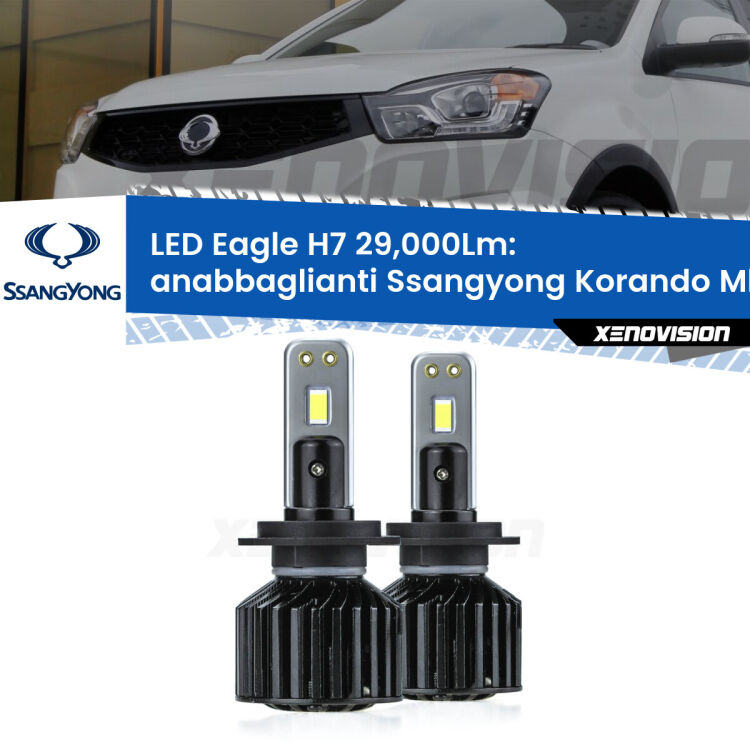 <strong>Kit anabbaglianti LED specifico per Ssangyong Korando</strong> Mk3 2013 - 2019. Lampade <strong>H7</strong> Canbus da 29.000Lumen di luminosità modello Eagle Xenovision.
