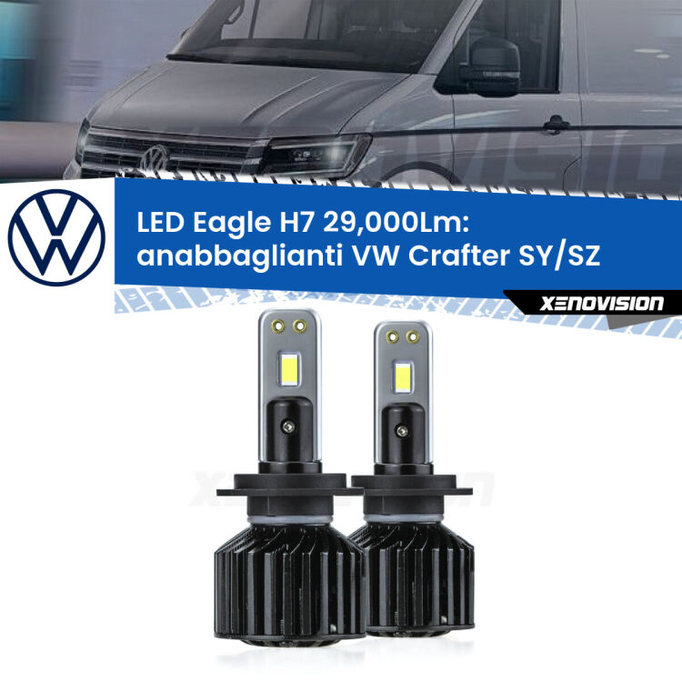 <strong>Kit anabbaglianti LED specifico per VW Crafter</strong> SY/SZ 2016 in poi. Lampade <strong>H7</strong> Canbus da 29.000Lumen di luminosità modello Eagle Xenovision.