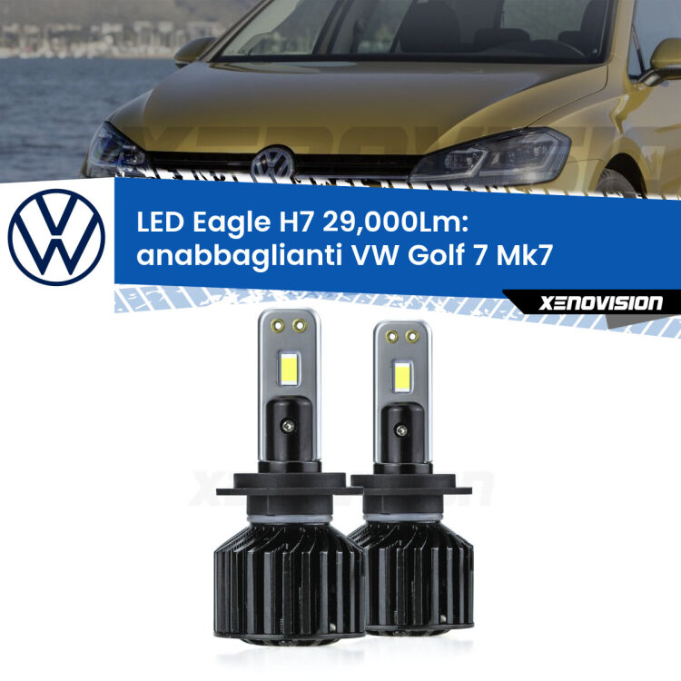 <strong>Kit anabbaglianti LED specifico per VW Golf 7</strong> Mk7 2017 - 2019. Lampade <strong>H7</strong> Canbus da 29.000Lumen di luminosità modello Eagle Xenovision.