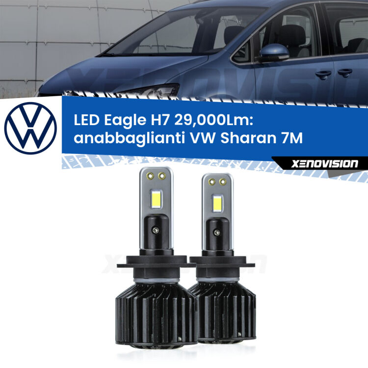 <strong>Kit anabbaglianti LED specifico per VW Sharan</strong> 7M a parabola doppia. Lampade <strong>H7</strong> Canbus da 29.000Lumen di luminosità modello Eagle Xenovision.