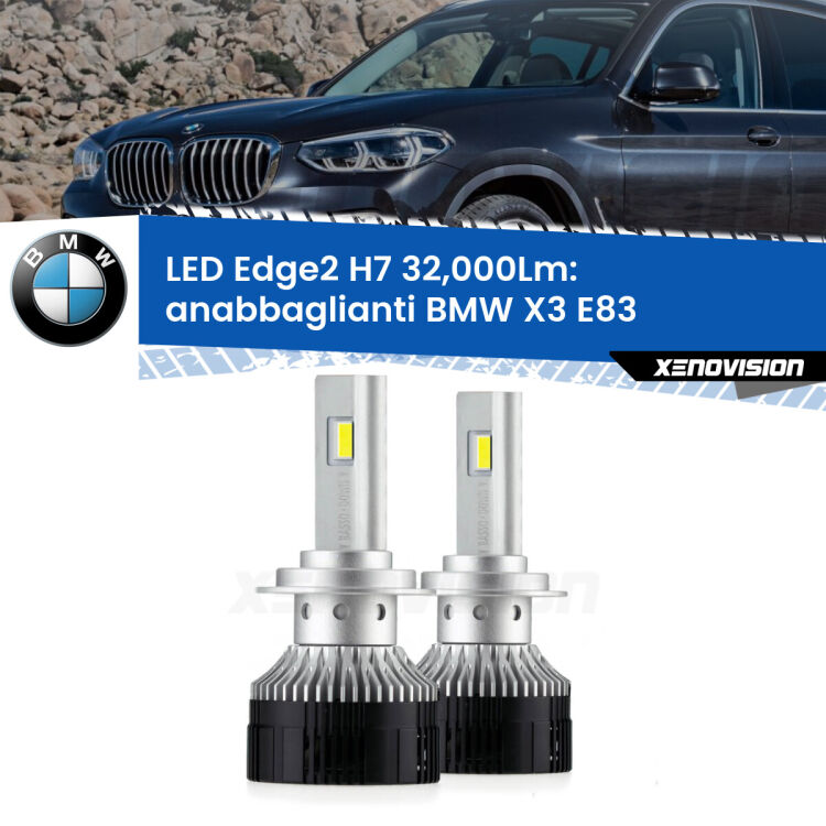 <p><strong>Kit anabbaglianti LED H7 per BMW X3</strong> E83 2003 - 2010. </strong>Design unico a bandiera: potenza smisurata senza coni d'ombra. Super canbus. Qualità Massima.</p>