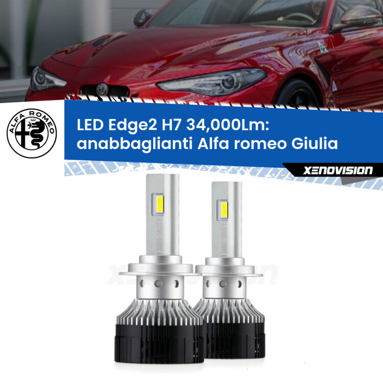 Anabbaglianti LED H7 34,000Lm per Alfa romeo Giulia  2015 in poi <strong>Kit anabbaglianti LED per Alfa romeo Giulia</strong>  2015 in poi.</strong>.Coppia lampade <strong>H7</strong> modello Edge v3.0 di Xenovision.