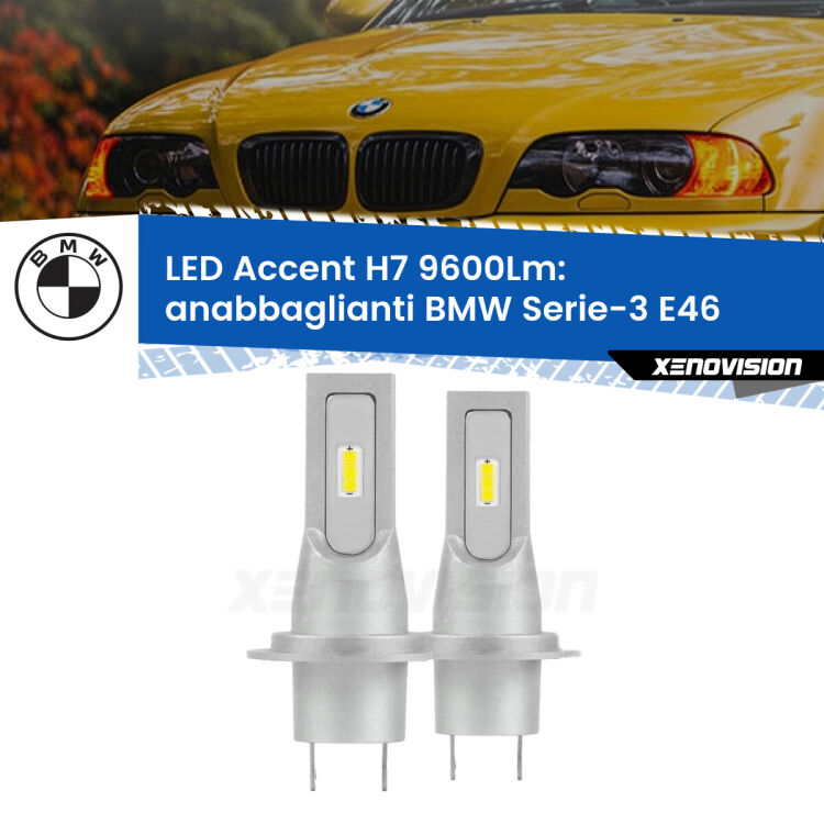 Anabbaglianti LED H7 9600Lm per BMW Serie-3 E46 1998 - 2005 <strong>Kit LED Anabbaglianti per BMW Serie-3</strong> E46 1998 - 2005.</strong> Coppia lampade <strong>H7</strong> senza ventola e ultracompatte per installazioni in fari senza spazi.