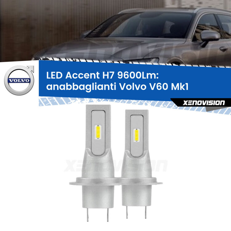 Anabbaglianti LED H7 9600Lm per Volvo V60 Mk1 2010 - 2018 <strong>Kit LED Anabbaglianti per Volvo V60</strong> Mk1 2010 - 2018.</strong> Coppia lampade <strong>H7</strong> senza ventola e ultracompatte per installazioni in fari senza spazi.