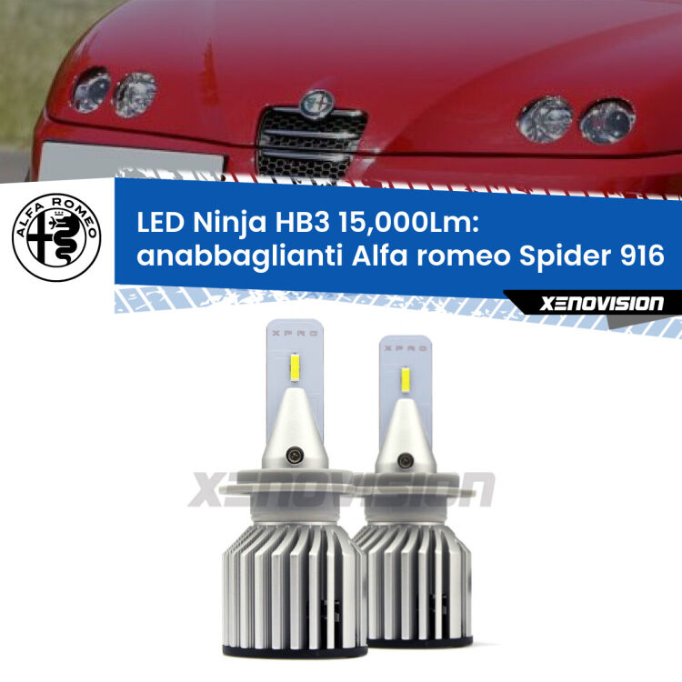 <strong>Kit anabbaglianti LED specifico per Alfa romeo Spider</strong> 916 1995 - 2005. Lampade <strong>HB3</strong> Canbus da 15.000Lumen di luminosità modello Eagle Xenovision.