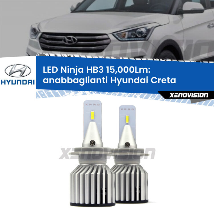 Anabbaglianti LED HB3 15,000Lm per Hyundai Creta  lenticolare FINE SERIE: NO GARANZIA FINE SERIE: NO GARANZIA <strong>Kit anabbaglianti LED specifico per Hyundai Creta</strong>  lenticolare. Lampade <strong>HB3</strong> Canbus da 15.000Lumen di luminosità modello Eagle Xenovision.