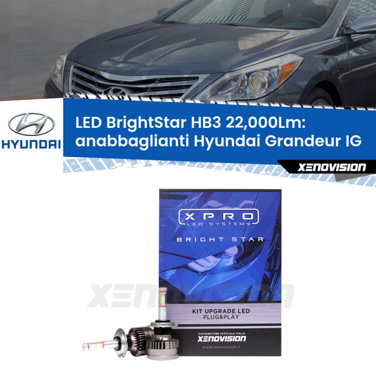 <strong>Kit LED anabbaglianti per Hyundai Grandeur</strong> IG 2016 in poi. </strong>Due lampade Canbus HB3 Brightstar da 22,000 Lumen. Qualità Massima.