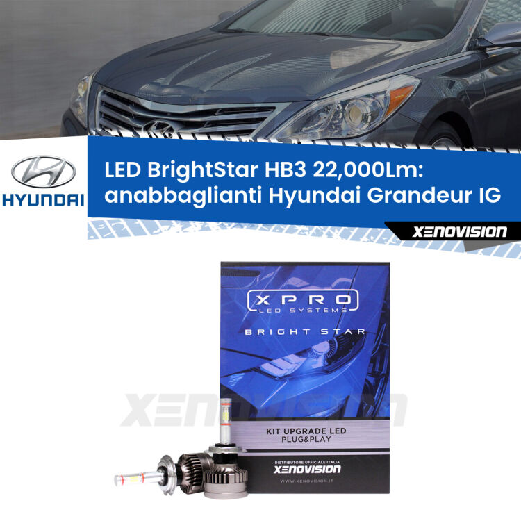 Anabbaglianti LED HB3 22,000Lm per Hyundai Grandeur IG 2016 in poi <strong>Kit LED anabbaglianti per Hyundai Grandeur</strong> IG 2016 in poi. </strong>Due lampade Canbus HB3 Brightstar da 22,000 Lumen. Qualità Massima.