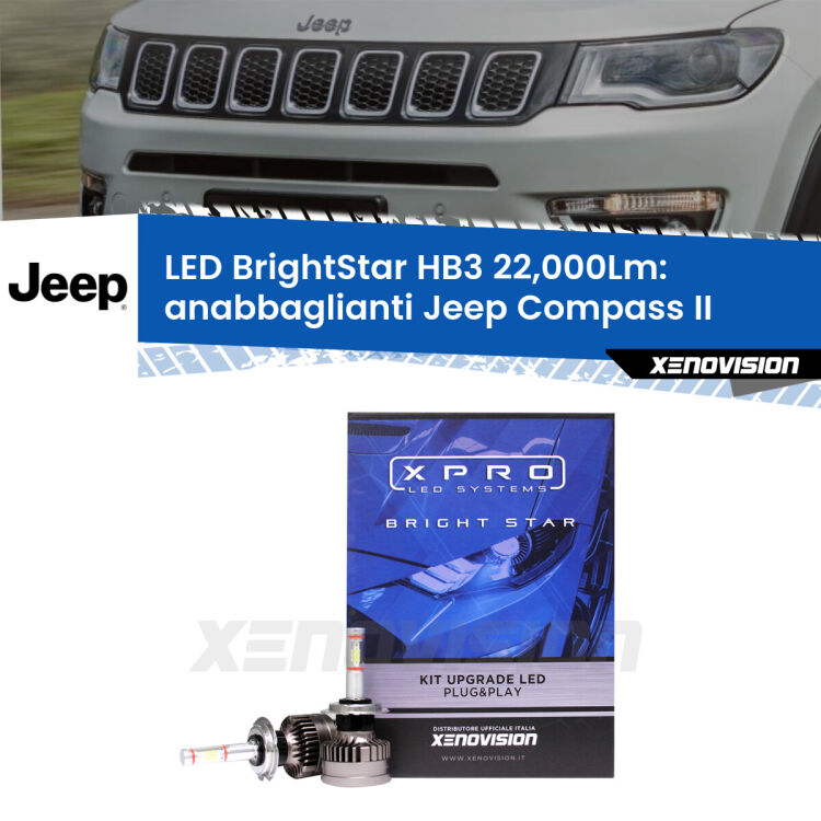 Anabbaglianti LED HB3 22,000Lm per Jeep Compass II LMC <strong>Kit LED anabbaglianti per Jeep Compass</strong> II LMC. </strong>Due lampade Canbus HB3 Brightstar da 22,000 Lumen. Qualità Massima.
