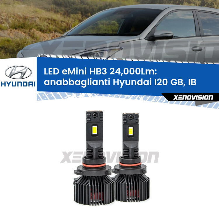 <strong>Kit anabbaglianti LED specifico per Hyundai I20</strong> GB, IB lenticolare. Lampade <strong>HB3</strong> compatte, Canbus da 24.000Lumen Eagle Mini Xenovision.