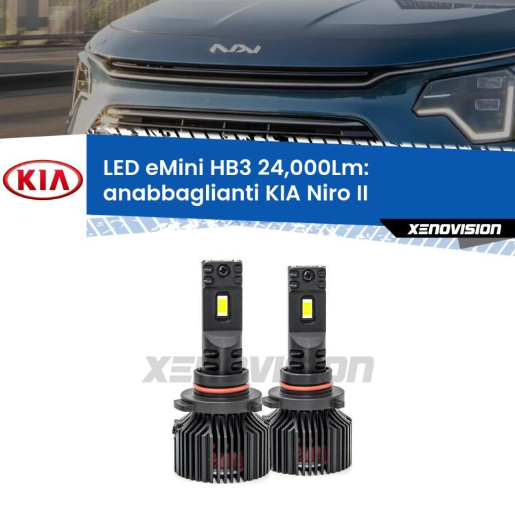 FINE SERIE: NO GARANZIA <strong>Kit anabbaglianti LED specifico per KIA Niro</strong> II fari lenticolari. Lampade <strong>HB3</strong> compatte, Canbus da 24.000Lumen Eagle Mini Xenovision.