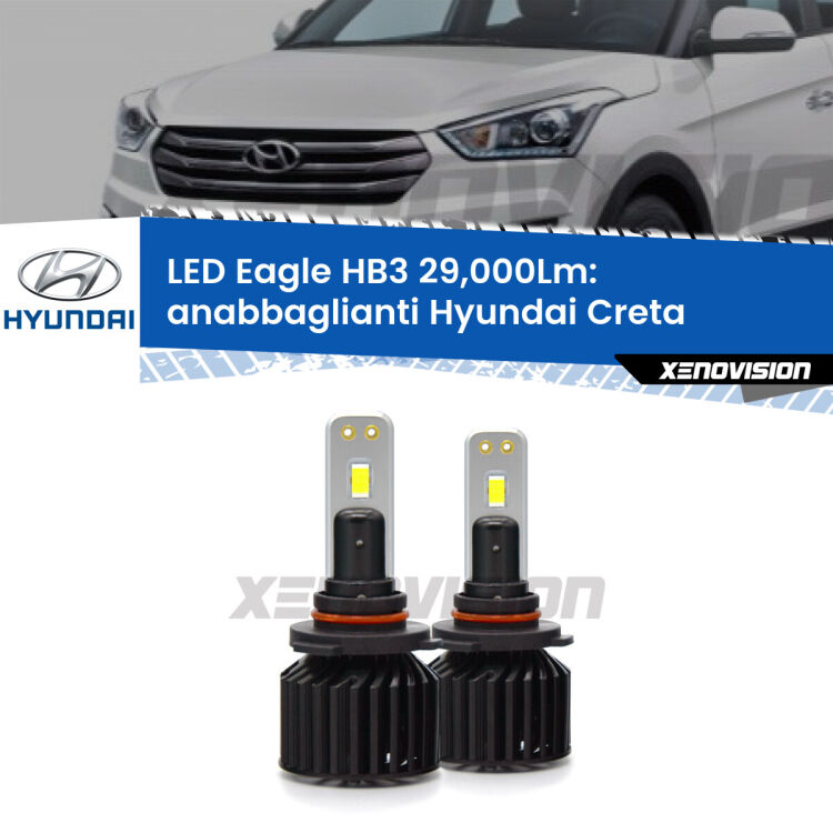 <strong>Kit anabbaglianti LED specifico per Hyundai Creta</strong>  lenticolare. Lampade <strong>HB3</strong> Canbus da 29.000Lumen di luminosità modello Eagle Xenovision.