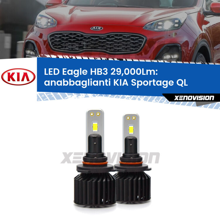 <strong>Kit anabbaglianti LED specifico per KIA Sportage</strong> QL 2015 - 2020. Lampade <strong>HB3</strong> Canbus da 29.000Lumen di luminosità modello Eagle Xenovision.