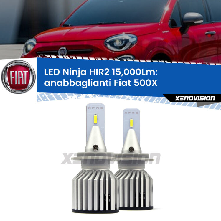 <strong>Kit anabbaglianti LED specifico per Fiat 500X</strong>  lenticolari. Lampade <strong>HIR2</strong> Canbus da 15.000Lumen di luminosità modello Ninja Xenovision.