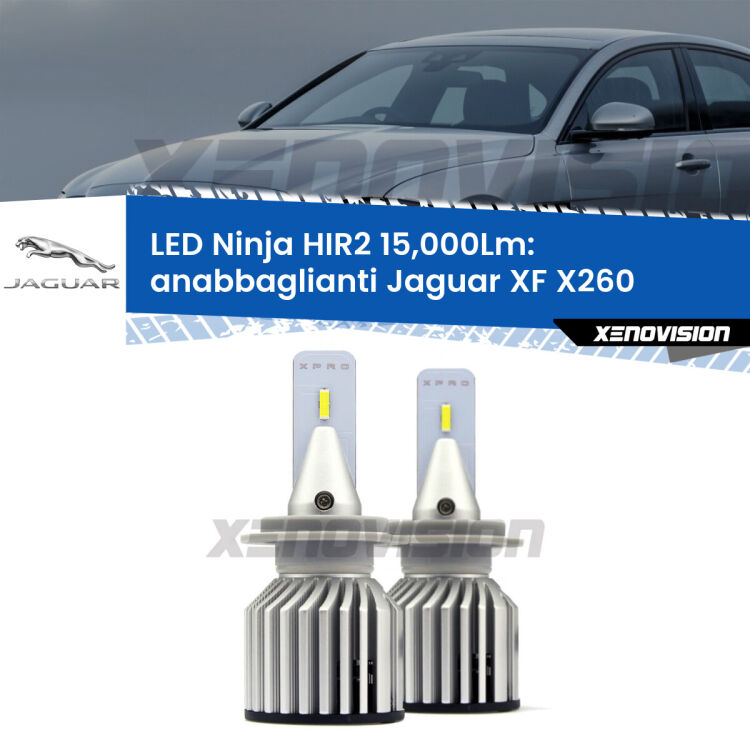 <strong>Kit anabbaglianti LED specifico per Jaguar XF</strong> X260 2015 in poi. Lampade <strong>HIR2</strong> Canbus da 15.000Lumen di luminosità modello Ninja Xenovision.