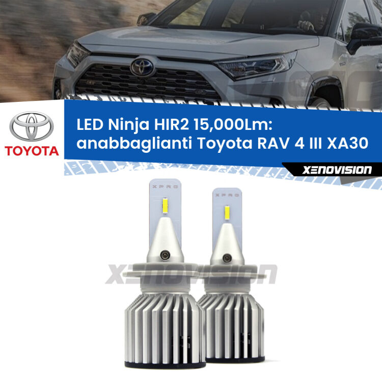 <strong>Kit anabbaglianti LED specifico per Toyota RAV 4 III</strong> XA30 fari lenticolari. Lampade <strong>HIR2</strong> Canbus da 15.000Lumen di luminosità modello Ninja Xenovision.