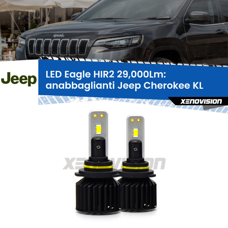<strong>Kit anabbaglianti LED specifico per Jeep Cherokee</strong> KL in poi. Lampade <strong>HIR2</strong> Canbus da 29.000Lumen di luminosità modello Eagle Xenovision.