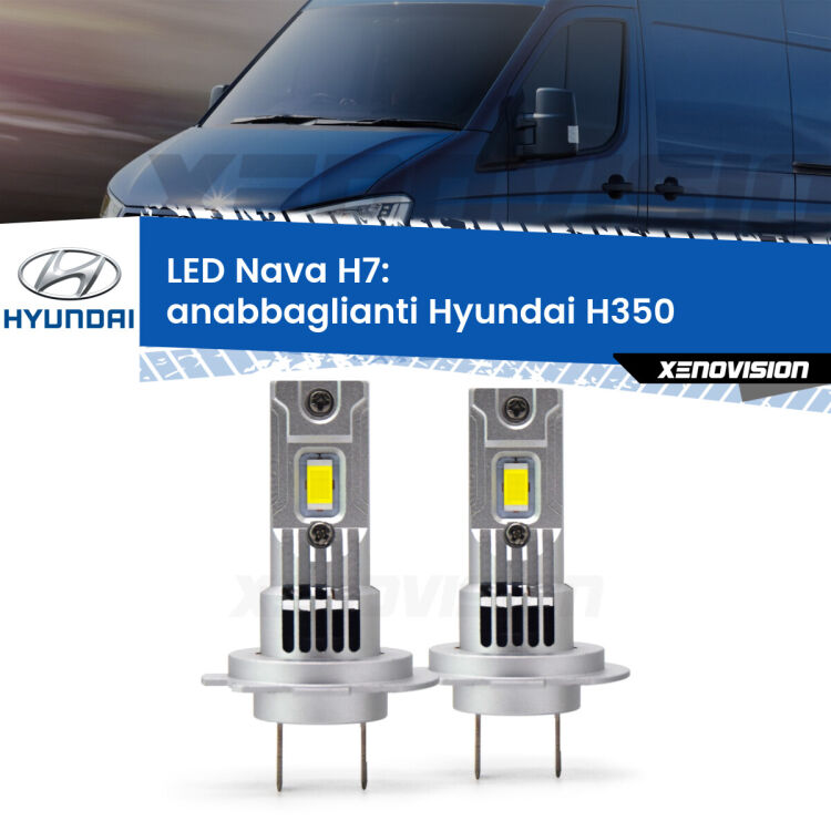 Anabbaglianti LED Hyundai H350  2015 in poi: H7 Nava <strong>Anabbaglianti LED no-spie per Hyundai H350</strong>  2015 in poi. Coppia lampade <strong>H7</strong> modello Nava canbus, raffreddate a ventola.