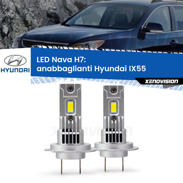 Anabbaglianti LED Hyundai IX55  2008 - 2012: H7 Nava <strong>Anabbaglianti LED no-spie per Hyundai IX55</strong>  2008 - 2012. Coppia lampade <strong>H7</strong> modello Nava canbus, raffreddate a ventola.