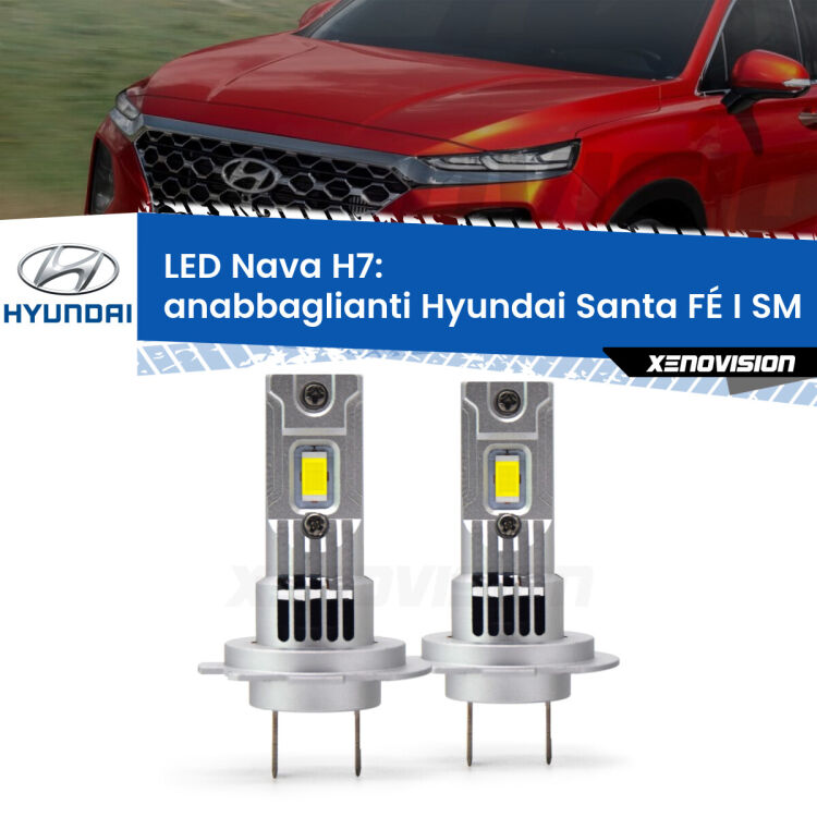 0 Anabbaglianti LED Hyundai Santa FÉ I SM 2005 - 2012: H7 Nava <strong>Anabbaglianti LED no-spie per Hyundai Santa FÉ I</strong> SM 2005 - 2012. Coppia lampade <strong>H7</strong> modello Nava canbus, raffreddate a ventola.