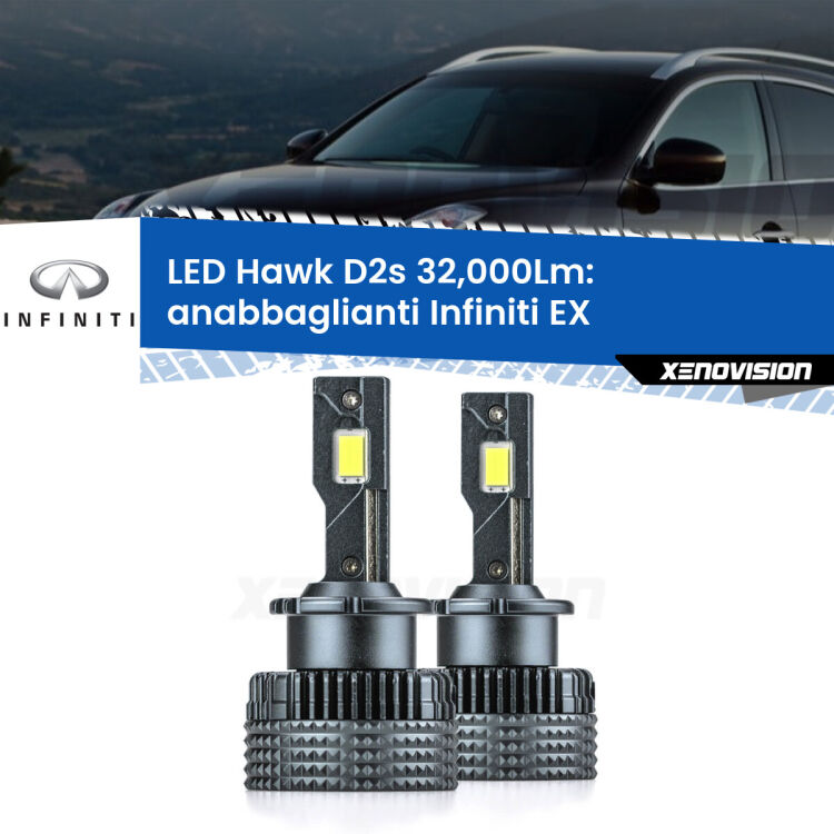 Anabbaglianti LED Infiniti EX 2008 in poi - D2S/R 32,000Lm <strong>Kit anabbaglianti LED specifico per Infiniti EX</strong> 2008 in poi. Lampade <strong>D2S/D2R</strong> Canbus da 32.000Lumen di luminosità modello Hawk Xenovision.