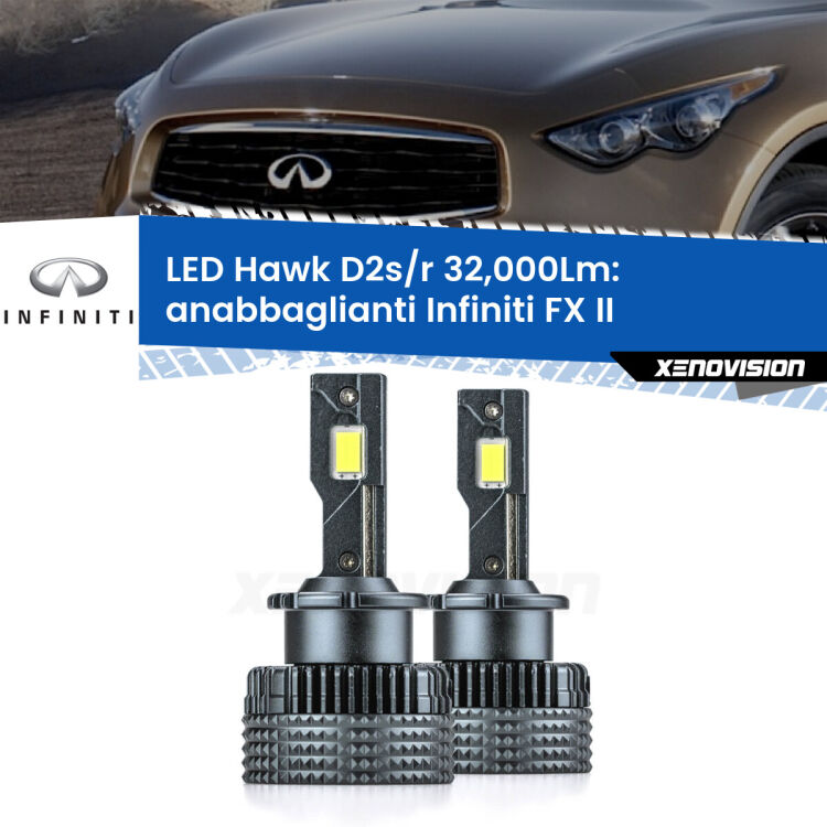 0 Anabbaglianti LED Infiniti FX II 2008 - 2013 - D2S/R 32,000Lm <strong>Kit anabbaglianti LED specifico per Infiniti FX</strong> II 2008 - 2013. Lampade <strong>D2S/D2R</strong> Canbus da 32.000Lumen di luminosità modello Hawk Xenovision.