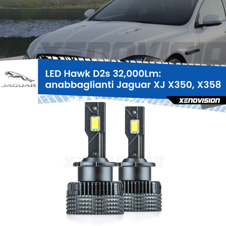 <strong>Kit anabbaglianti LED specifico per Jaguar XJ</strong> X350, X358 2003 - 2009. Lampade <strong>D2S</strong> Canbus da 32.000Lumen di luminosità modello Hawk Xenovision.