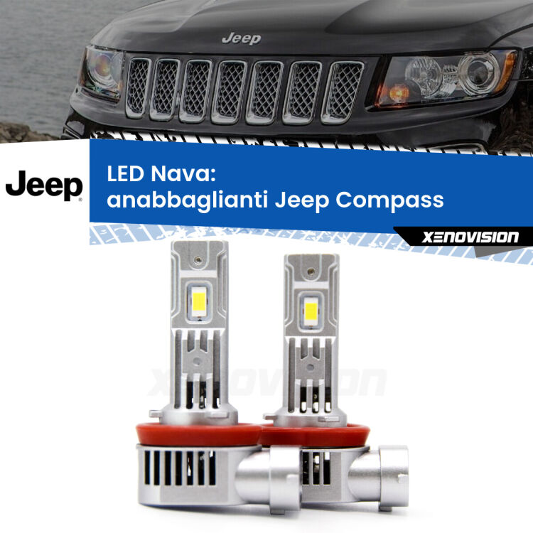 0 Anabbaglianti LED Jeep Compass 2011 - 2016: Nava 20,000Lm <strong>Anabbaglianti LED no-spie per Jeep Compass</strong> 2011 - 2016. Coppia lampade <strong>H11</strong>/H9/H8/H16(JP) modello Nava canbus, raffreddate a ventola.