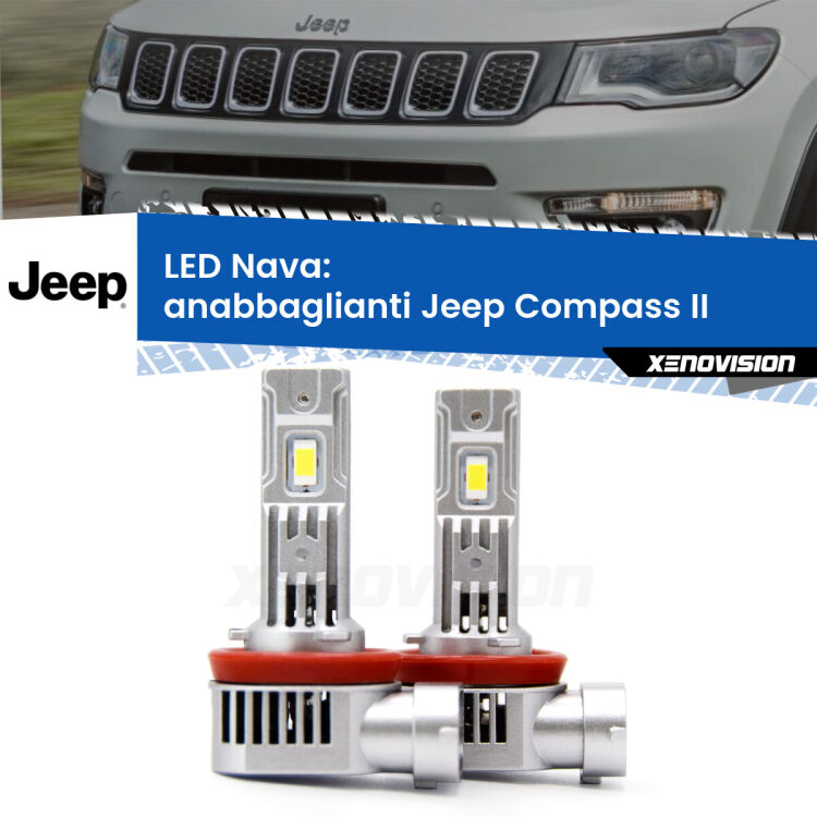 Anabbaglianti LED Jeep Compass II 2017 in poi: Nava 20,000Lm <strong>Anabbaglianti LED no-spie per Jeep Compass</strong> II 2017 in poi. Coppia lampade <strong>H11</strong>/H9/H8/H16(JP) modello Nava canbus, raffreddate a ventola.