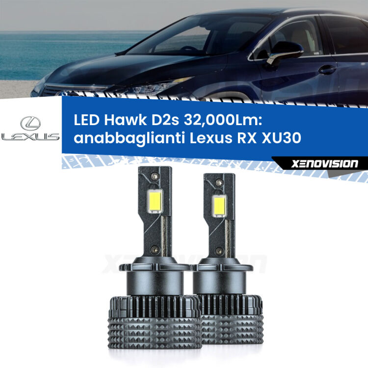 <strong>Kit anabbaglianti LED specifico per Lexus RX</strong> XU30 2003 - 2008. Lampade <strong>D2S</strong> Canbus da 32.000Lumen di luminosità modello Hawk Xenovision.
