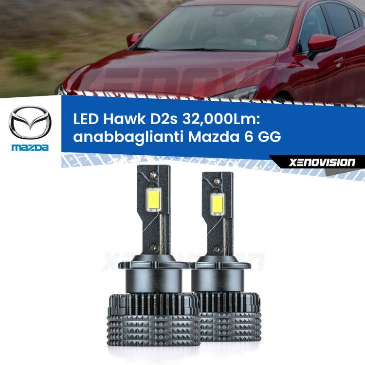 <strong>Kit anabbaglianti LED specifico per Mazda 6</strong> GG 2002 - 2007. Lampade <strong>D2S</strong> Canbus da 32.000Lumen di luminosità modello Hawk Xenovision.