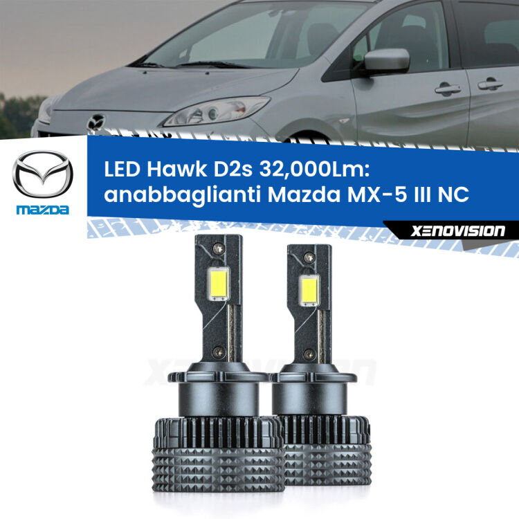 <strong>Kit anabbaglianti LED specifico per Mazda MX-5 III</strong> NC 2005 - 2014. Lampade <strong>D2S</strong> Canbus da 32.000Lumen di luminosità modello Hawk Xenovision.