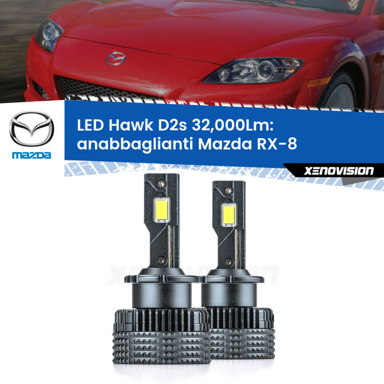 <strong>Kit anabbaglianti LED specifico per Mazda RX-8</strong>  2003 - 2012. Lampade <strong>D2S</strong> Canbus da 32.000Lumen di luminosità modello Hawk Xenovision.