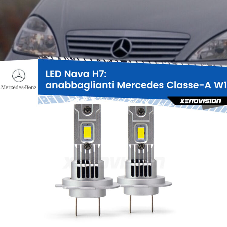 Anabbaglianti LED Mercedes Classe-A W168 1997 - 2004: H7 Nava <strong>Anabbaglianti LED no-spie per Mercedes Classe-A</strong> W168 1997 - 2004. Coppia lampade <strong>H7</strong> modello Nava canbus, raffreddate a ventola.