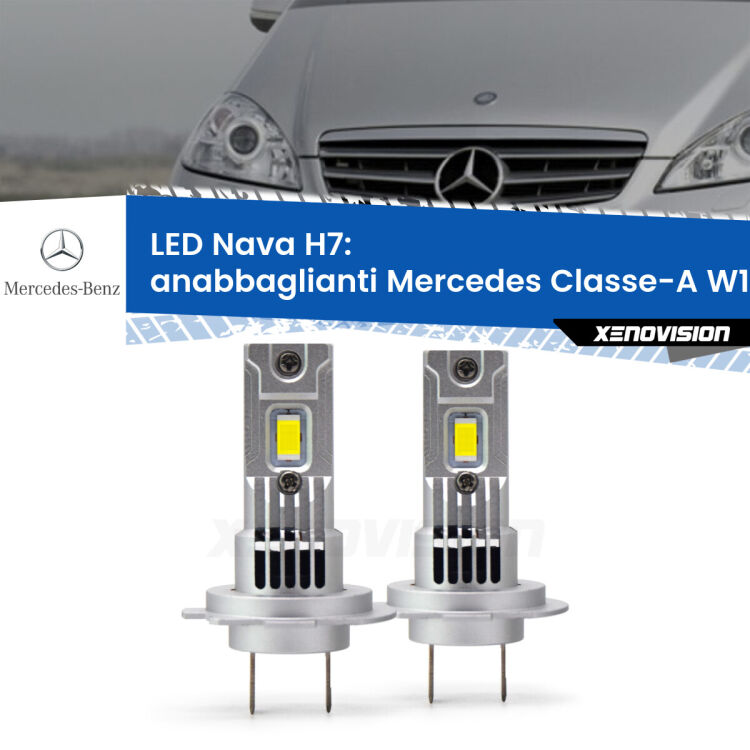 Anabbaglianti LED Mercedes Classe-A W169 con fari lenticolari: H7 Nava <strong>Anabbaglianti LED no-spie per Mercedes Classe-A</strong> W169 con fari lenticolari. Coppia lampade <strong>H7</strong> modello Nava canbus, raffreddate a ventola.