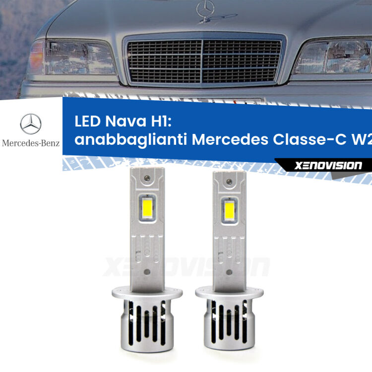 0 Anabbaglianti LED Mercedes Classe-C W202 1993 - 1996: H1 Nava <strong>Anabbaglianti LED no-spie per Mercedes Classe-C</strong> W202 1993 - 1996. Coppia lampade <strong> H1</strong> modello Nava canbus, raffreddate a ventola.